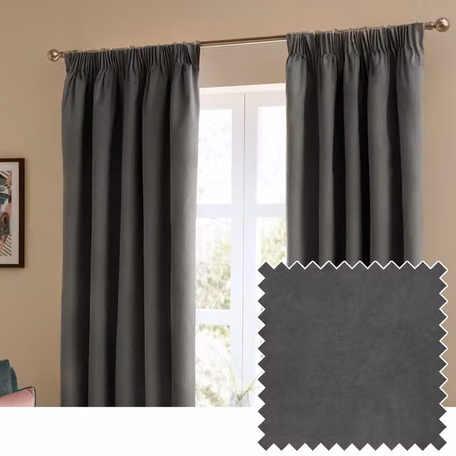 Make It A Home Charcoal Velvet Blackout Pencil Pleat Curtains, W: 137 cm, H: 229 cm