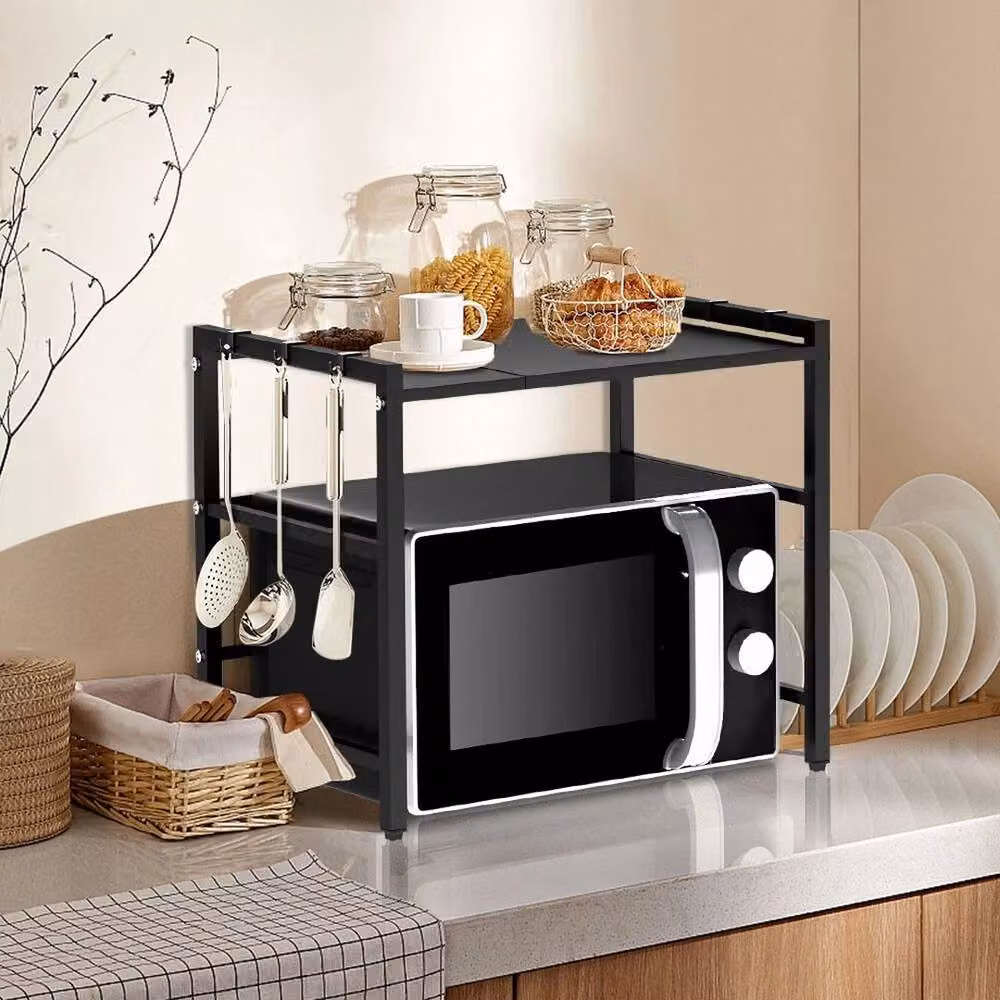 KORVIXA 2 Tier Expandable Microwave Oven Rack Stand in Black with Adjustable Shelves – 4