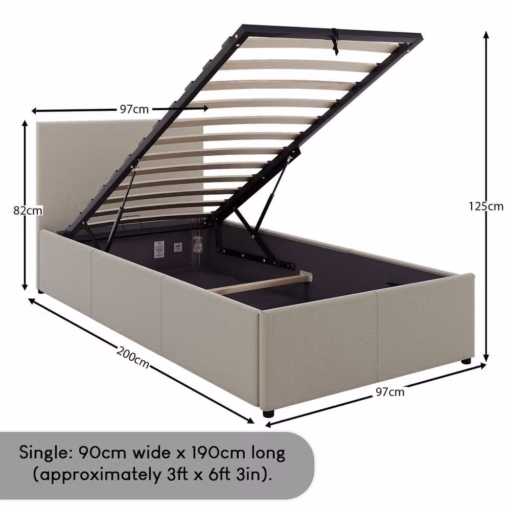 Vida Designs Veronica Single Ottoman Bed Frame with Storage in Beige Linen Fabric, W/D/H: 90 x 190 cm – 4