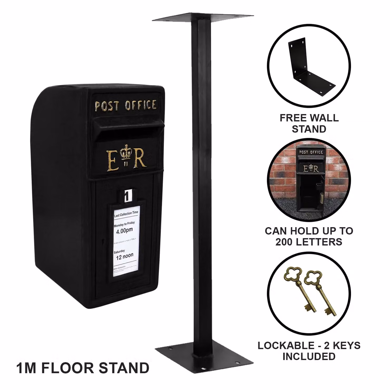 Monstershop Black and Gold Vintage Royal Mail Post Box with Freestanding Cast Iron Stand – 3