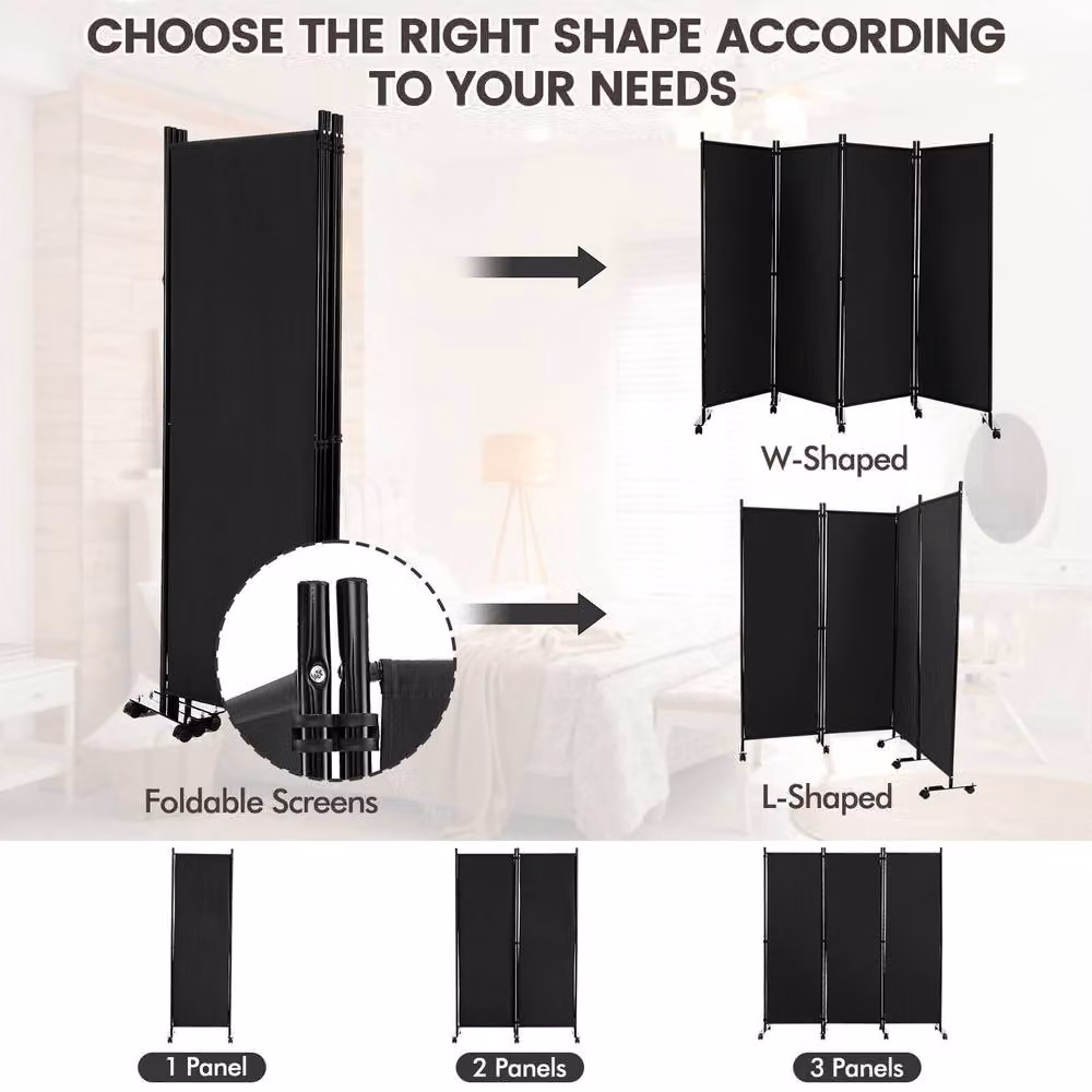 CASART 4 Panel Rolling Privacy Screen Room Divider in Black – 7