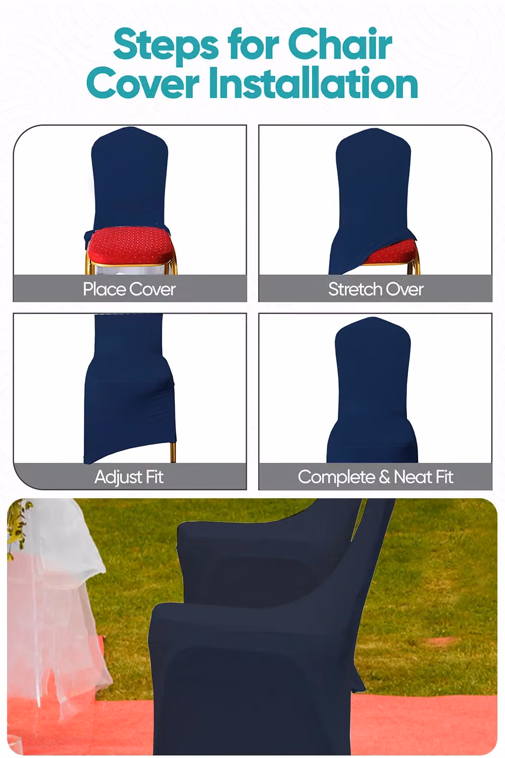 Neel Blue Spandex Arched Front Dining Chair Covers in Navy Blue, Stretchable and Washable Slipcovers – 4