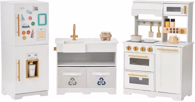 Teamson Kids Large Wooden Play Kitchen with Fridge and Accessories in White and Gold