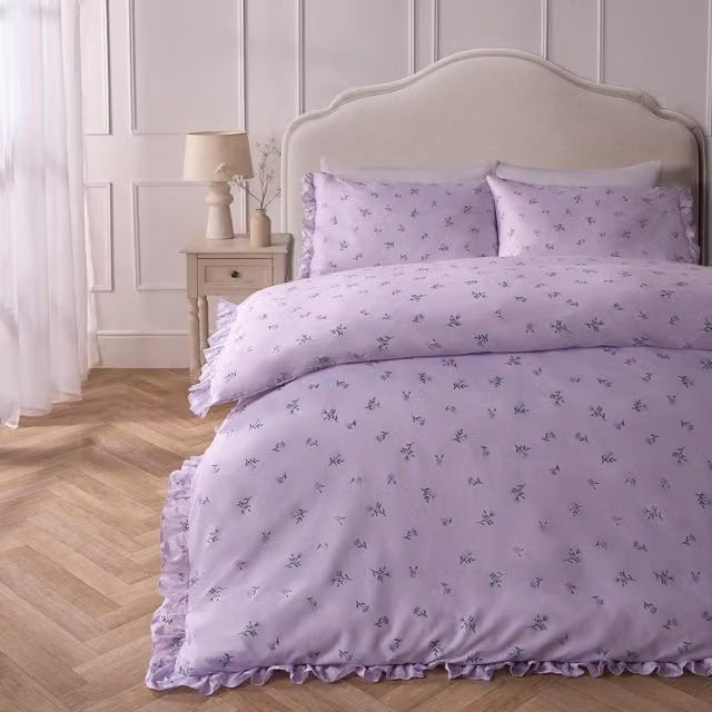 OHS Vintage Floral Frill Duvet Cover Set in Purple and Green, 140 x 200 cm