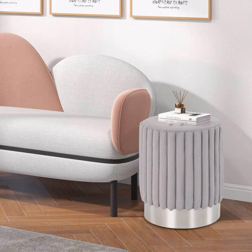 Costway Modern Round Velvet Upholstered Ottoman Footrest Stool in Grey, W/D/H: 37 x 37 x 43 cm – 3