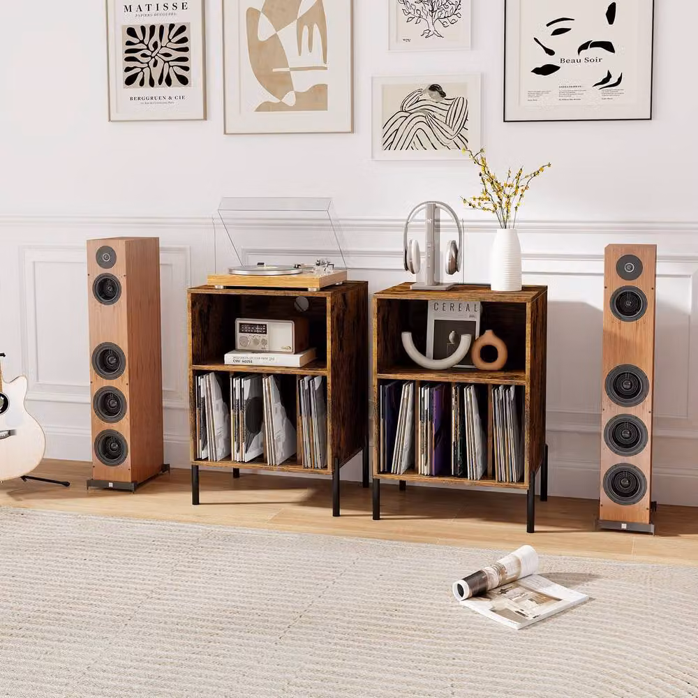 Costway Brown Wooden Vinyl Record Player Stand with Charging Station and Media Compartments – 2