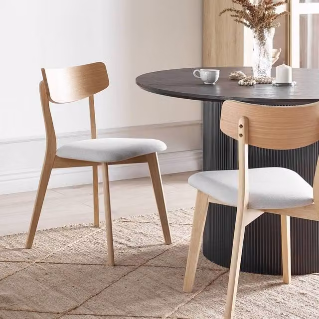 Wyld and Coco Set of 2 Retro Dining Chairs in Light Brown Rubberwood with Grey Fabric Seats