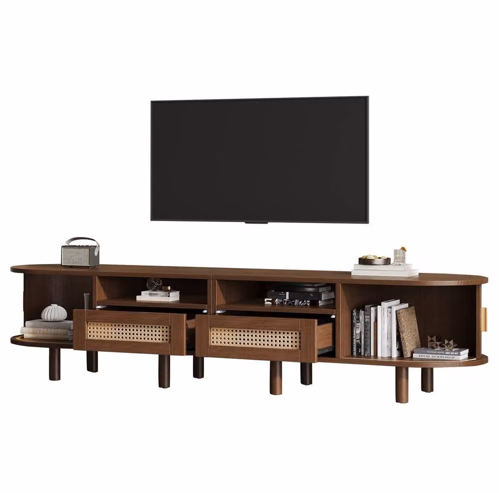 STILVORA Modern Brown TV Stand with Rattan Details and 2 Drawers, W/D/H: 170 x 40 x 40 cm – 4