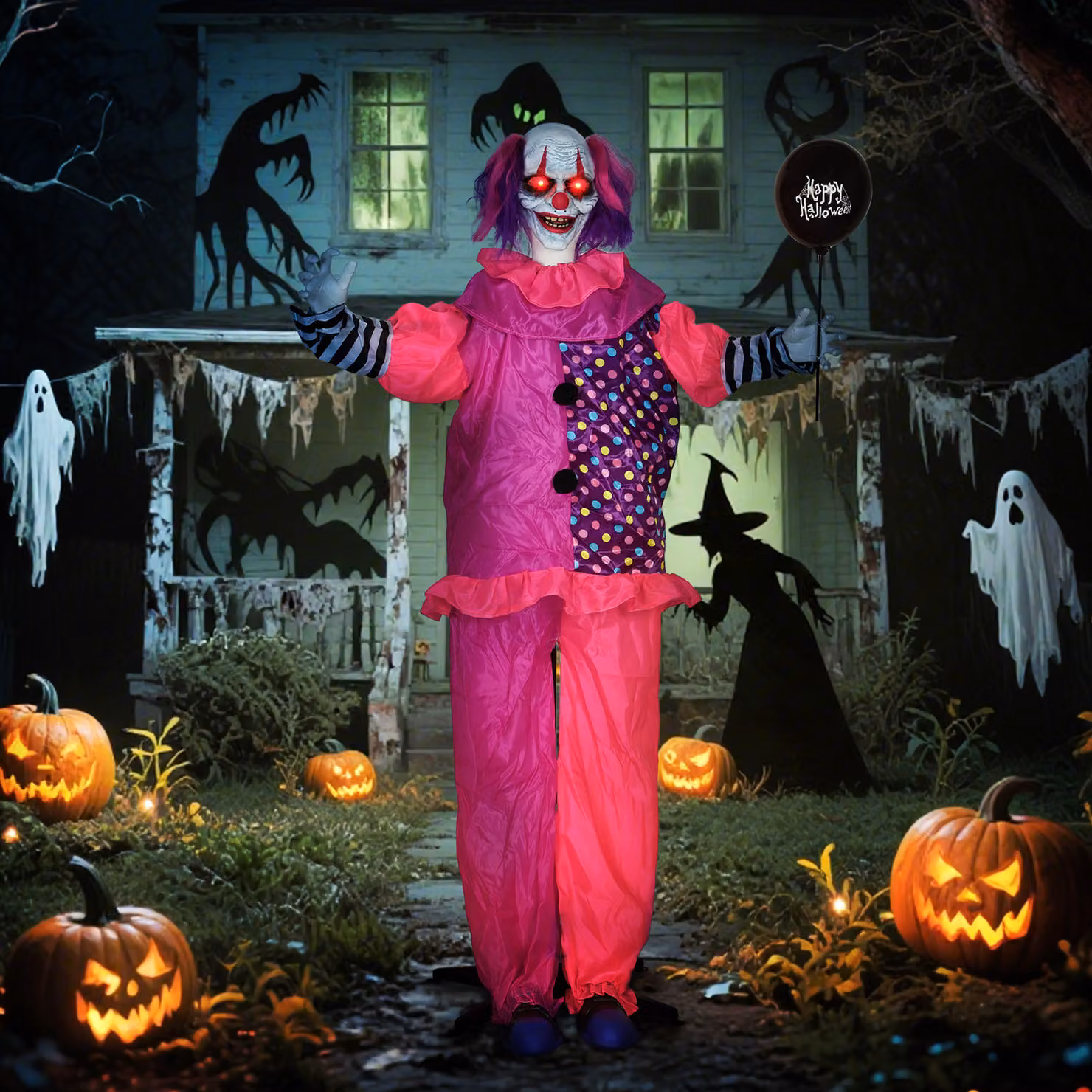 Outsunny Scary Animated Clown Halloween Decoration, Pink and Purple – 2