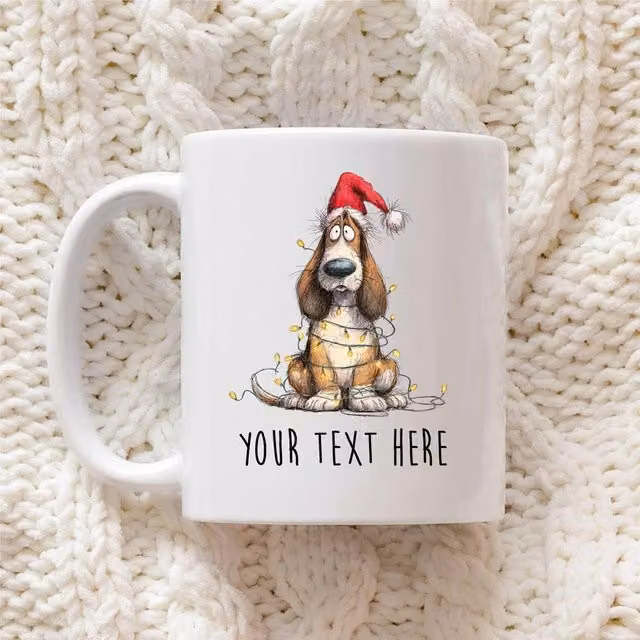 60 SECOND MAKEOVER Personalised Basset Hound Christmas Lights Santa Hat Ceramic Mug in White – 1