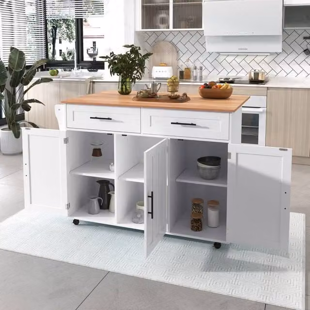 Merax Kitchen Island Trolley with Foldable Tabletop and Storage Cabinet Drawers in White, W/D/H: 71.0 x 71.0 x 91.5 cm