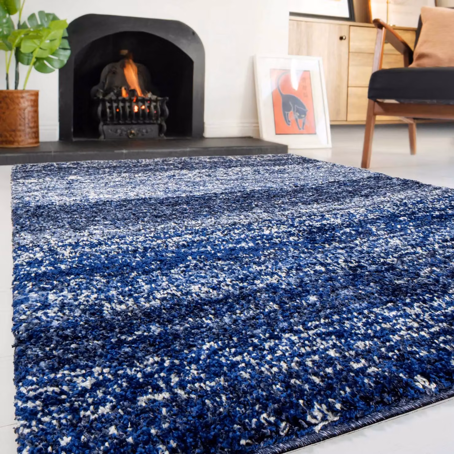Kukoon Navy Blue Striped Mottled Shaggy Rug, W: 60 cm, L: 240 cm – 2