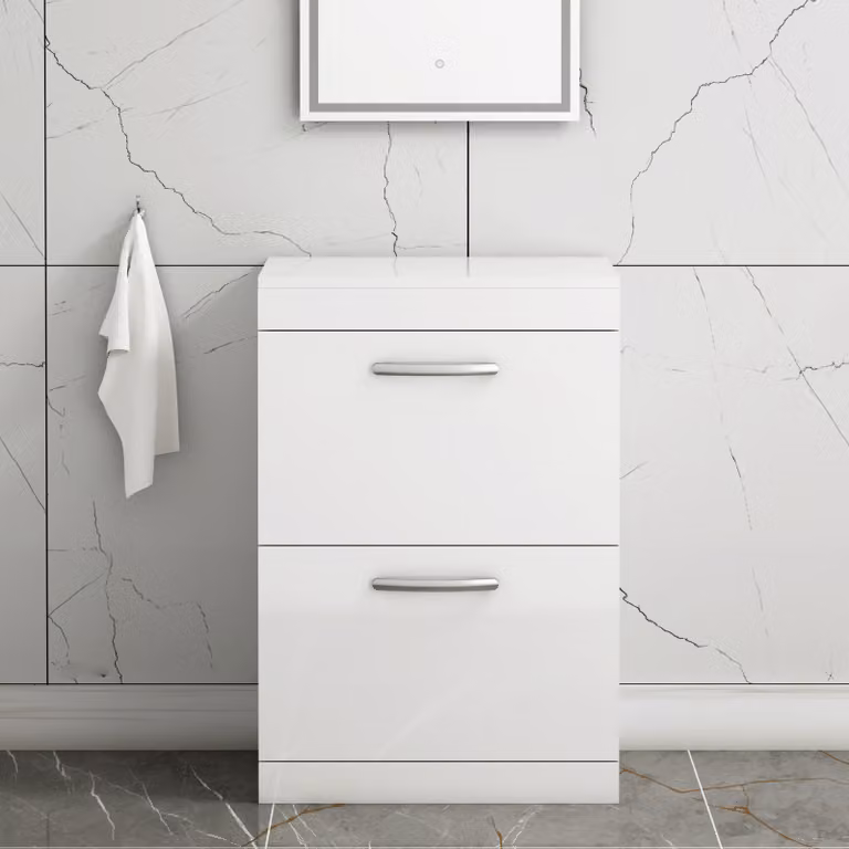 Royal Bathrooms Turin Gloss White Floor Standing Worktop Vanity Unit with 2 Drawers and Soft Close Doors