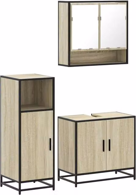 Berkfield Home 3 Piece Industrial Bathroom Furniture Set in Brown Sonoma Oak Finish, including Vanity Unit, Mirror Cabinet and Wall Cabinet – 1