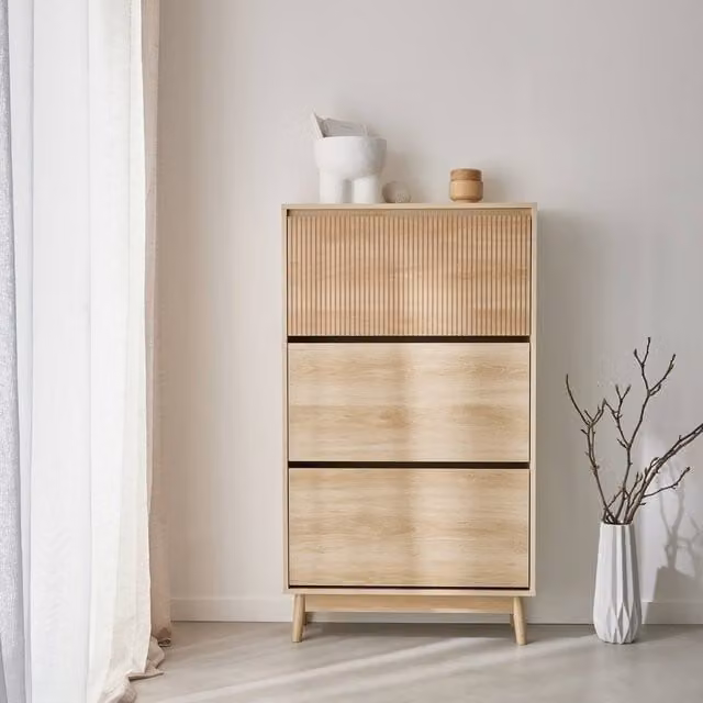 sweeek Scandinavian 3-door Wood Shoe Cabinet in Brown, W/D/H: 131 x 25 x 75 cm