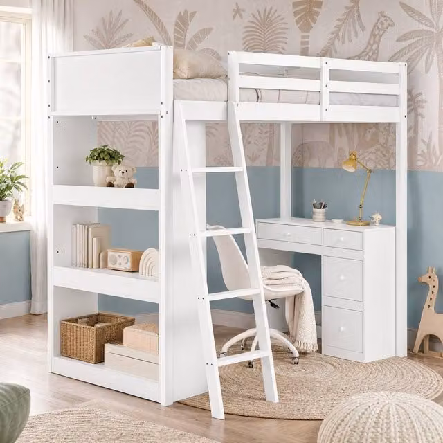 STILVORA Single Bed Frame with Storage Drawers and Steps in White