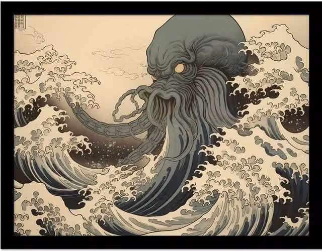 Wave Collection Cthulhu Wave Framed Paper Poster in Beige and Multicolour – 1