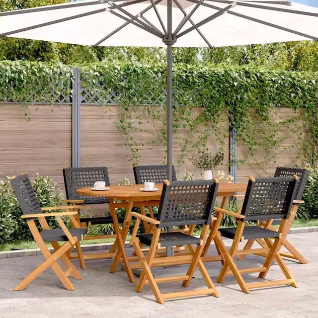 Berkfield Home Set of 6 Folding Garden Chairs in Black Poly Rattan and Acacia Wood