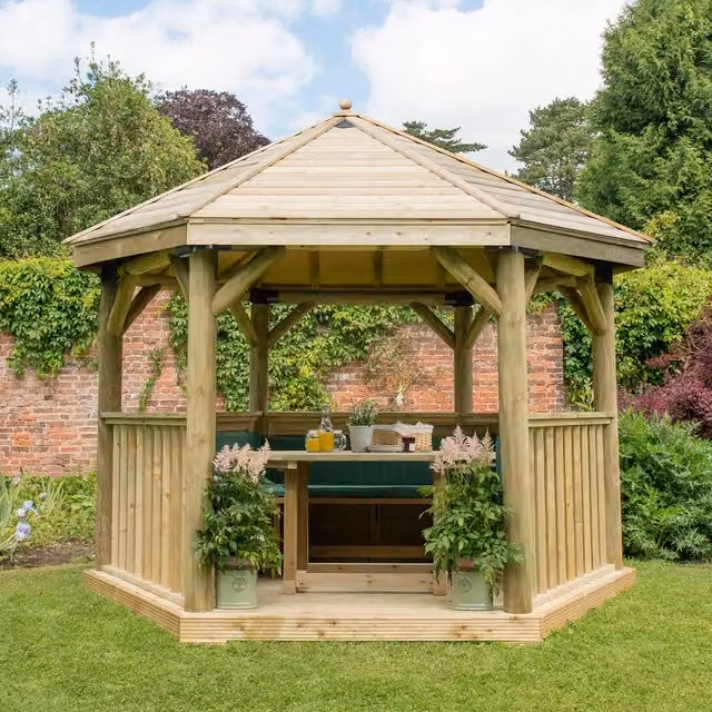 Forest Green Hexagonal Garden Gazebo with Pine and Steel Frame, 3.6 Metre