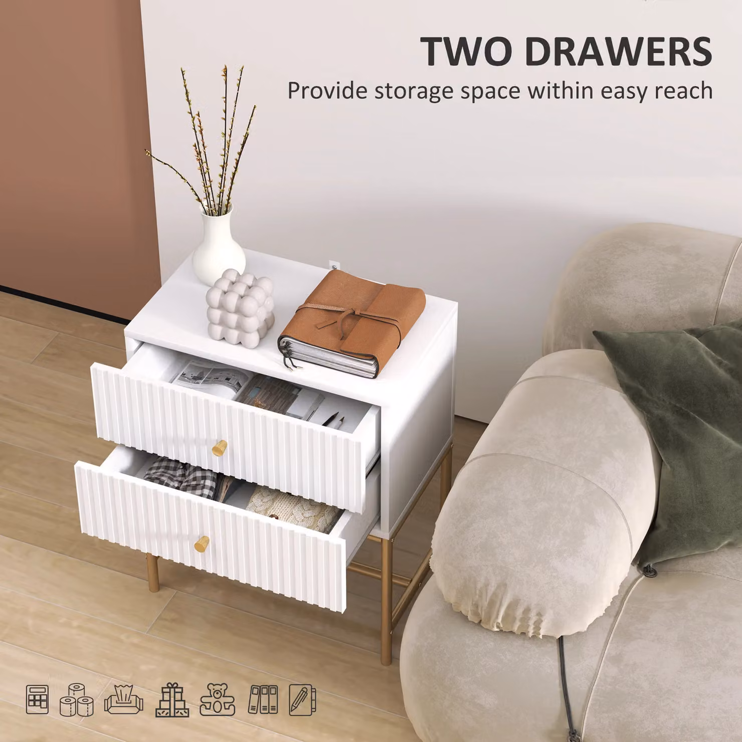 HOMCOM Modern Bedside Table with 2 Drawers in White and Gold – 3