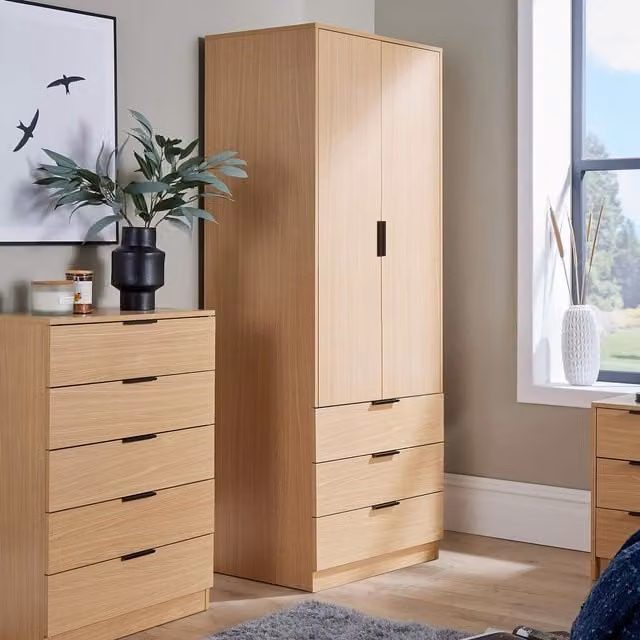 Home Source Phoenix 2 Door 3 Drawer Wardrobe with Internal Shelves and Hanging Rod in Brown Wood – 1