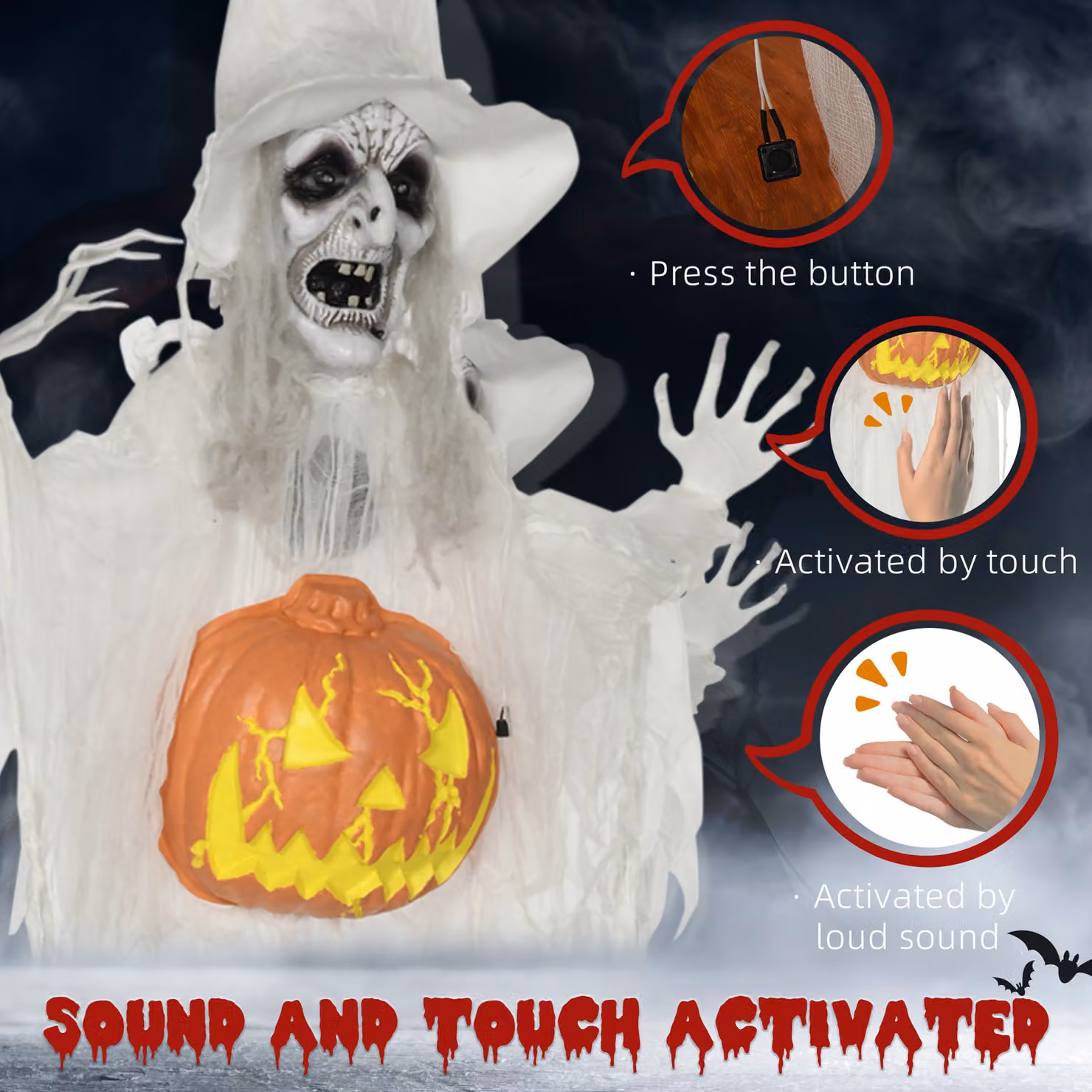 HOMCOM 6ft Outdoor Halloween Hanging Skeleton Witch with Pumpkin, White, Motion Activated with Sound and Light Up Eyes – 5