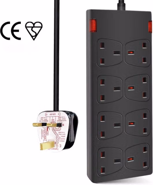 Livingandhome 8 Way Socket with Cable, Indicator Light and Child-Resistant Sockets, Black, Cable Length: 1 m