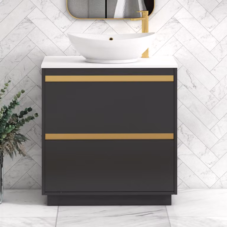 Royal Bathrooms Orion 800mm Matt Obsidian Black Floor Standing Vanity Unit with White Countertop, Amaze Basin and Brushed Brass Accent Trim