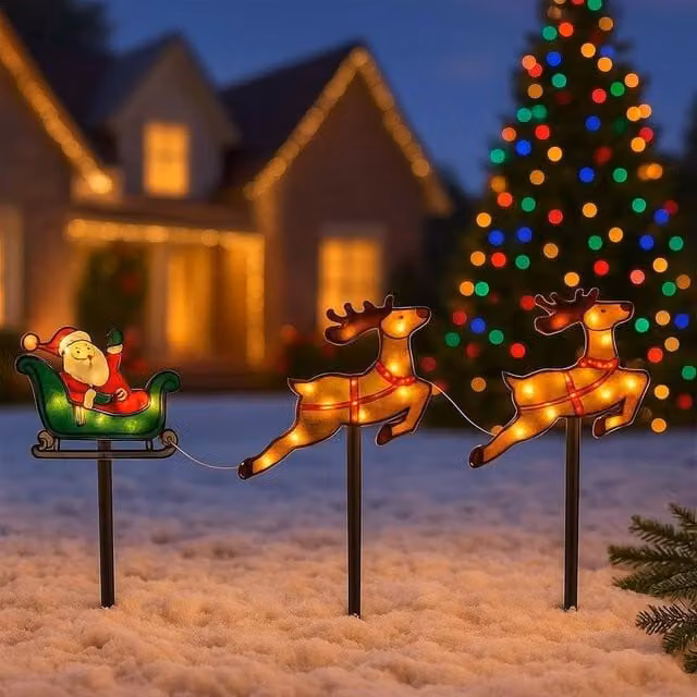 Marco Paul Pre-Lit Santa Sleigh and Reindeer Multicolour LED Garden Stakes