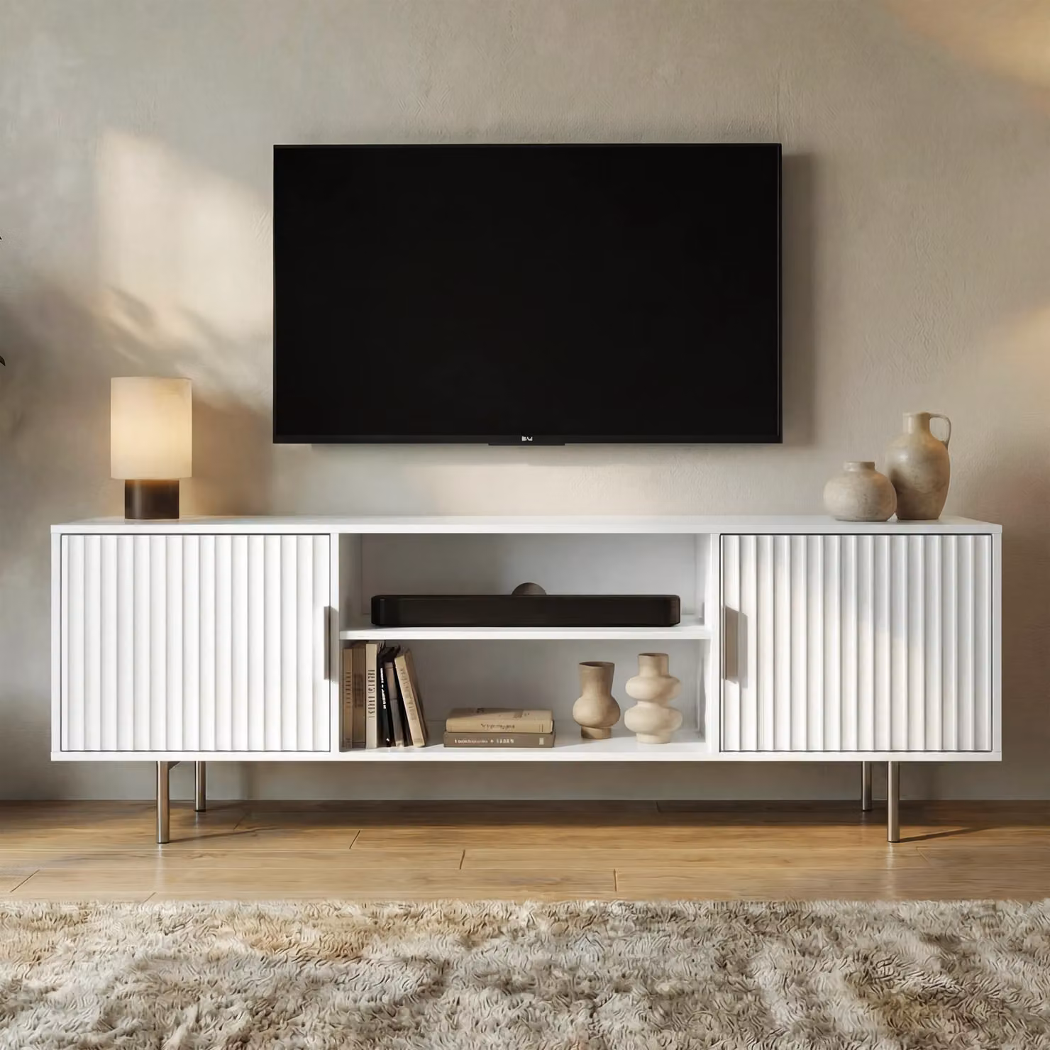 DHS Flutrina White Lacquered TV Unit Cabinet for TVs up to 55 inch, W: 140 cm, D: 40 cm