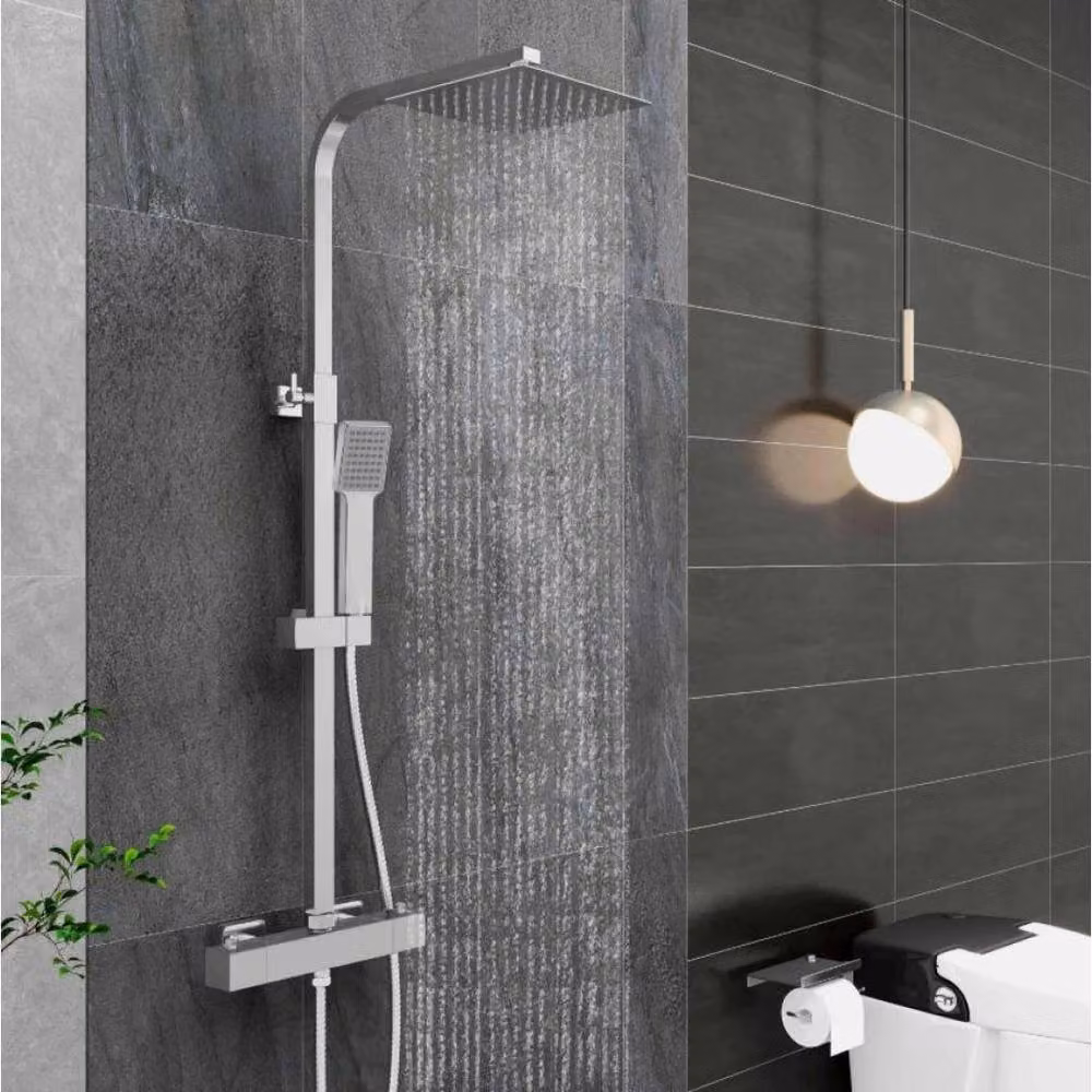 PAWNORA Twin Square Overhead Shower Head and Bar Set in Silver – 5