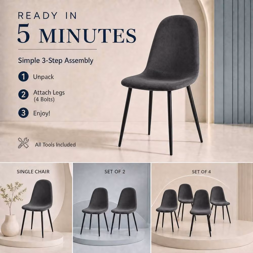 Bravich LTD Set of 4 Ron Grey Velvet Upholstered Dining Chairs with Metal Legs – 5