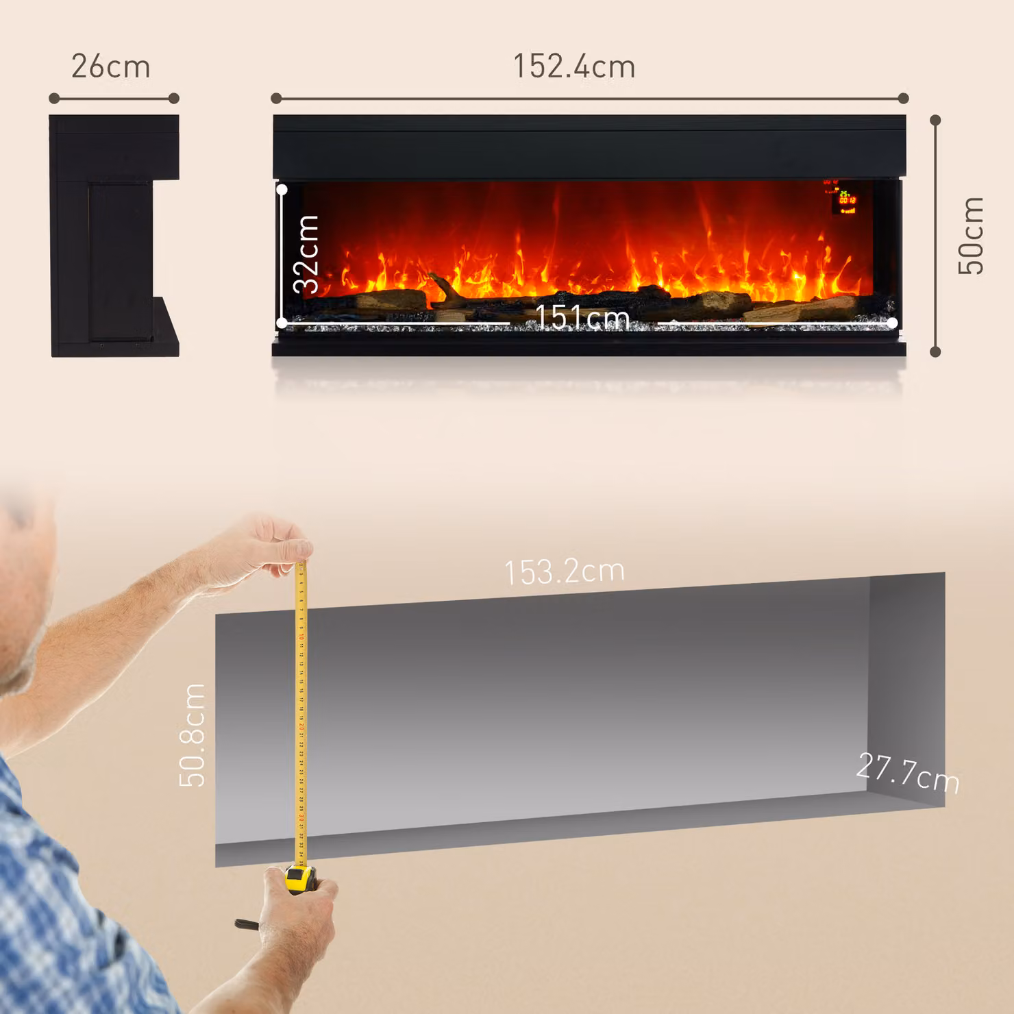 HOMCOM Black Wall Mounted Electric Fire with LED Flame Effect, 1800W, 152cm – 3