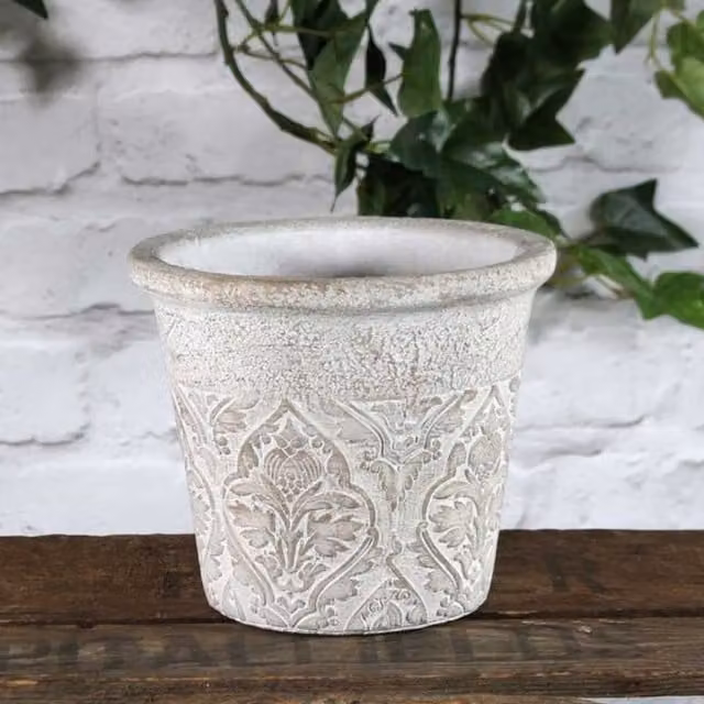 Kingsbury Gifts Antique White Baroque Ceramic Floral Round Tabletop Plant Pot, Diameter: 16 cm