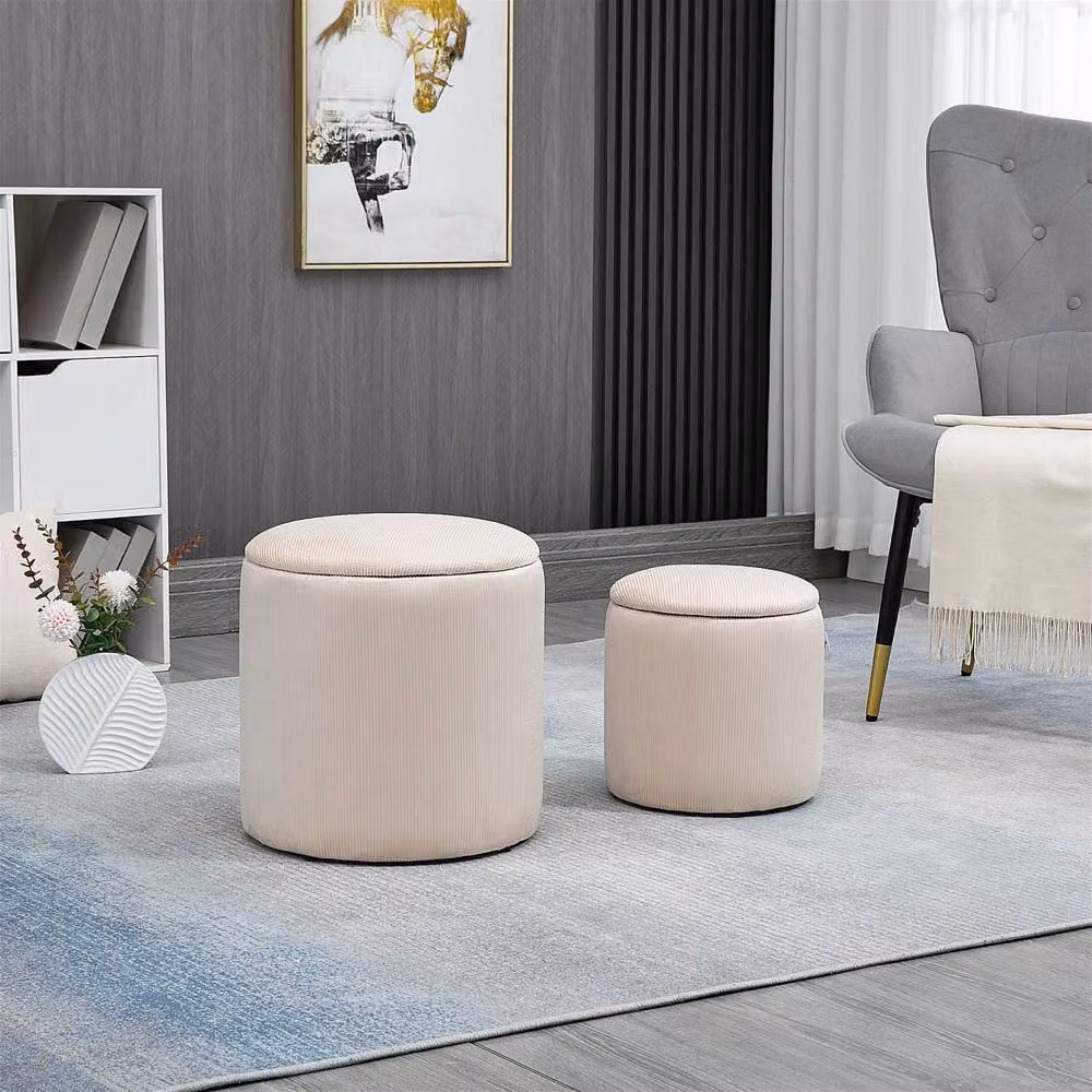 Wyld Haus Vivalepa Set of 2 Cream Round Fabric Storage Ottomans with Removable Lids, W/D/H: 40 x 40 x 41 cm – 3