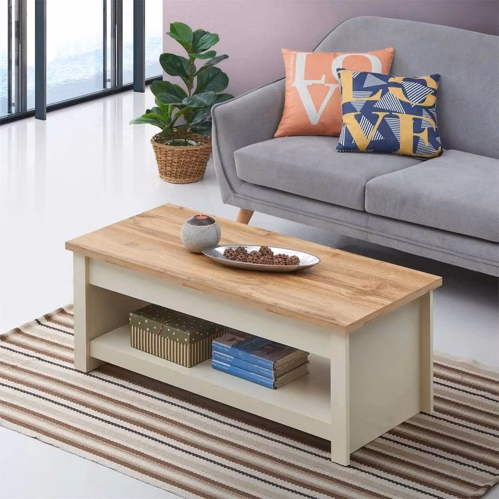 KORVIXA Modern Square Lift Top Coffee Table with Storage Drawer in Beige and Multicolour, W/D/H: 100 x 100 x 100 cm – 3