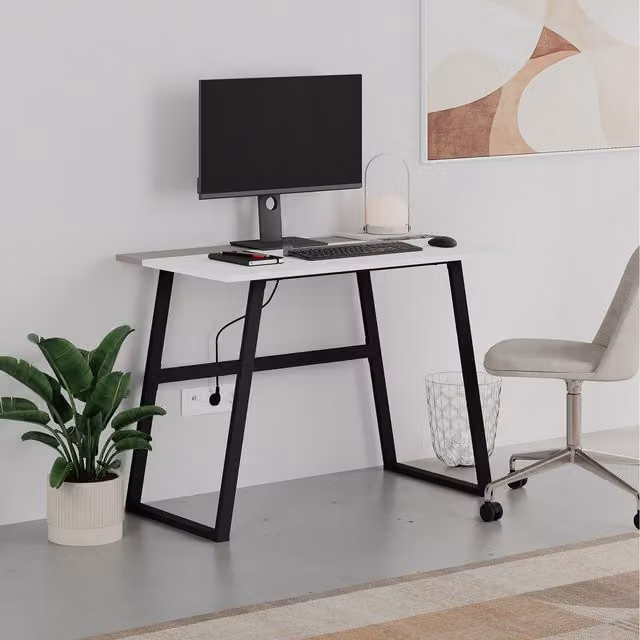 Decortie Kemre Compact Rectangular Writing Desk with Black Metal Legs in White or Black