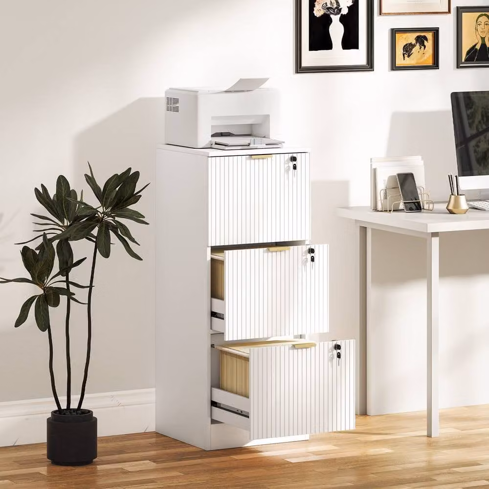 Rolipo 3-Drawer Fluted Lockable Metal Filing Cabinet with Hanging Rails in White – 2