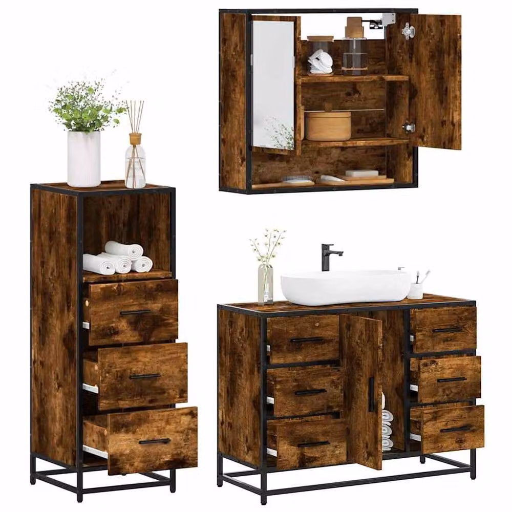 Berkfield Home 3 Piece Industrial Bathroom Furniture Set in Brown Smoked Oak – 2