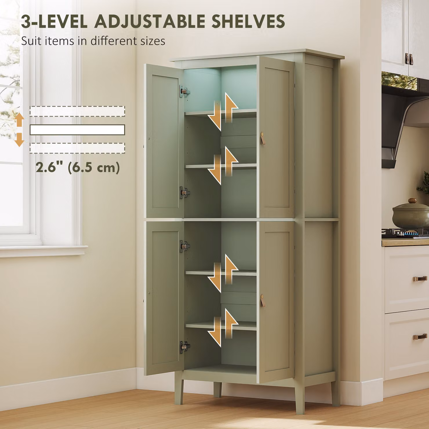 HOMCOM Tall Pantry Cupboard in Green with Motion Sensor LED Lighting and Internal Shelves, H 176.5 x W 80.0 x D 39.9 cm – 3
