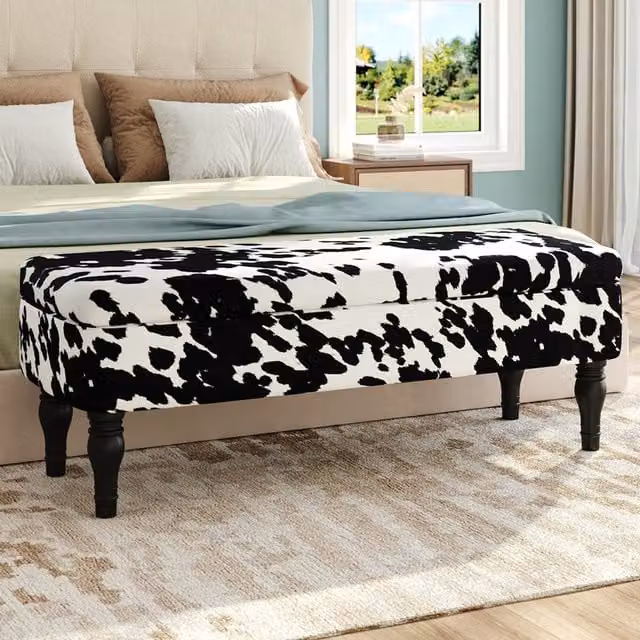 Lifeideas Cow Print Velvet Storage Ottoman in White, Black and Silver