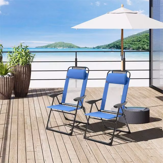 Outsunny Set of 2 Blue Portable Folding Recliners with Multi-Position Glide