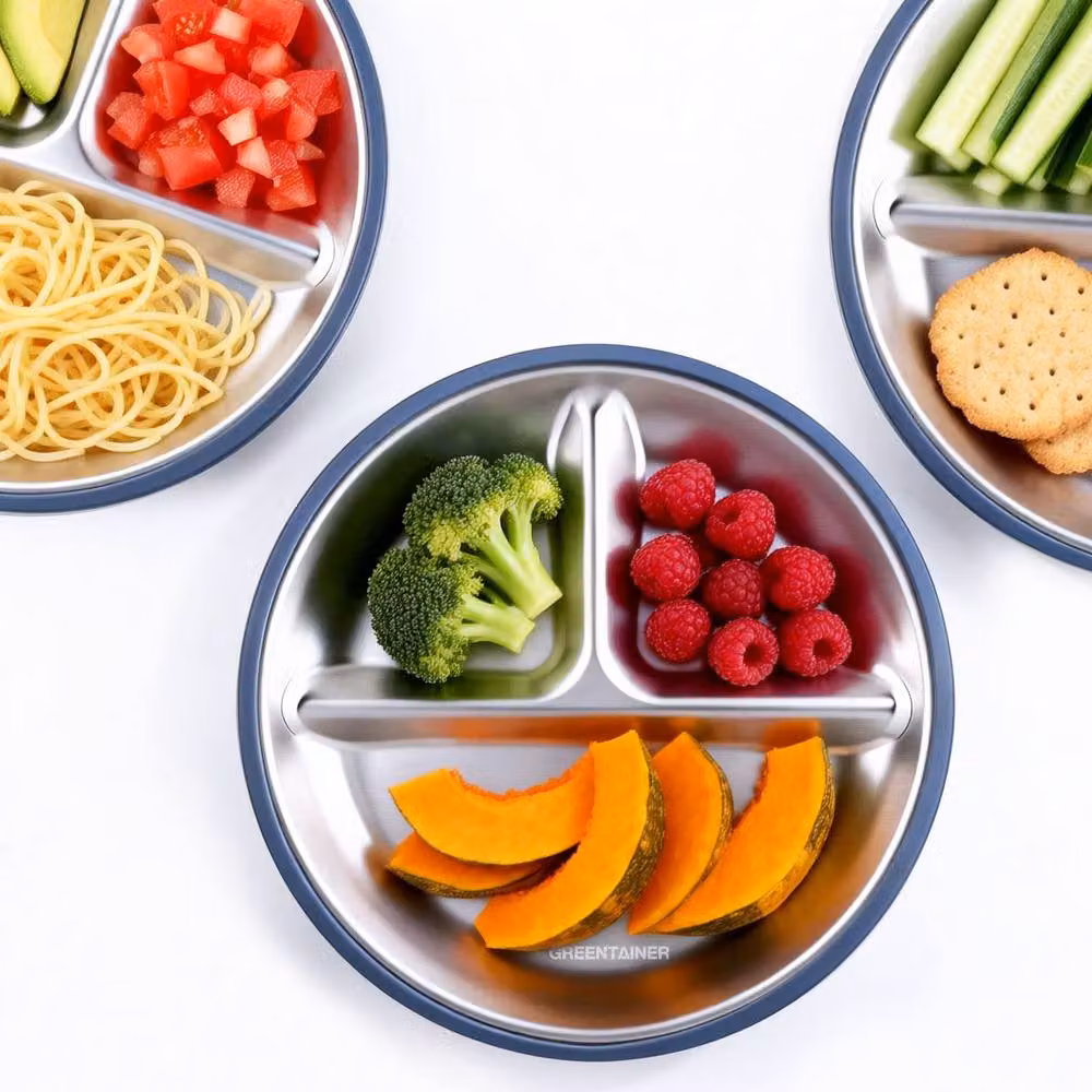 Greentainer 3-Piece Blue Stainless Steel Divided Plate Set with Silicone Suction Base – 8