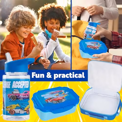 Get Trend Hot Wheels 3 Piece Lunch Set with Water Bottle and Lunch Box, Blue, BPA Free and Leakproof – 2