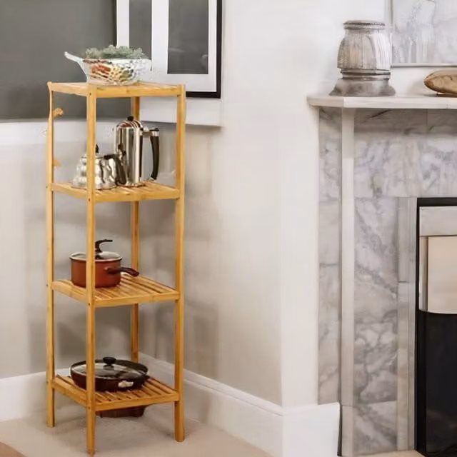 Pirlo Plush 4 Tier Adjustable Bamboo Standing Shelving Rack Unit in Brown – 1