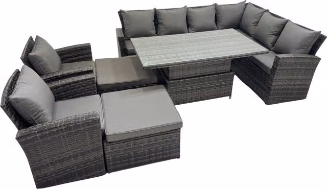 Fimous 10 Seat Rattan Garden Corner Sofa Set with Adjustable Lifting Table in Dark Grey Mixed