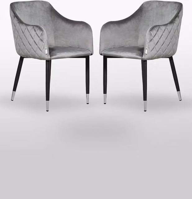 Life Interiors Set of 2 Verona Grey Velvet Dining Chairs with Quilted Back and Silver End Caps – 1