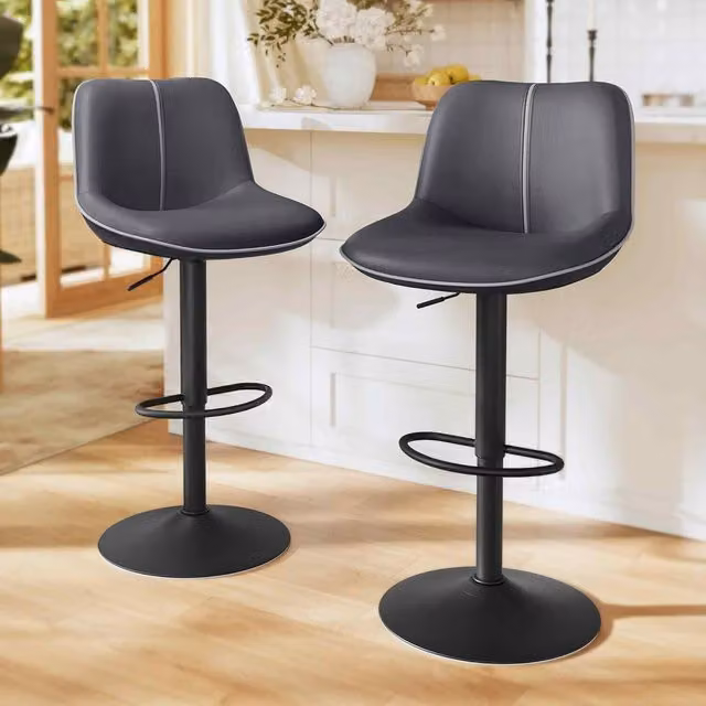 The Bazaarist Set of 2 Swivel Bar Stools in Black Quilted PU Leather