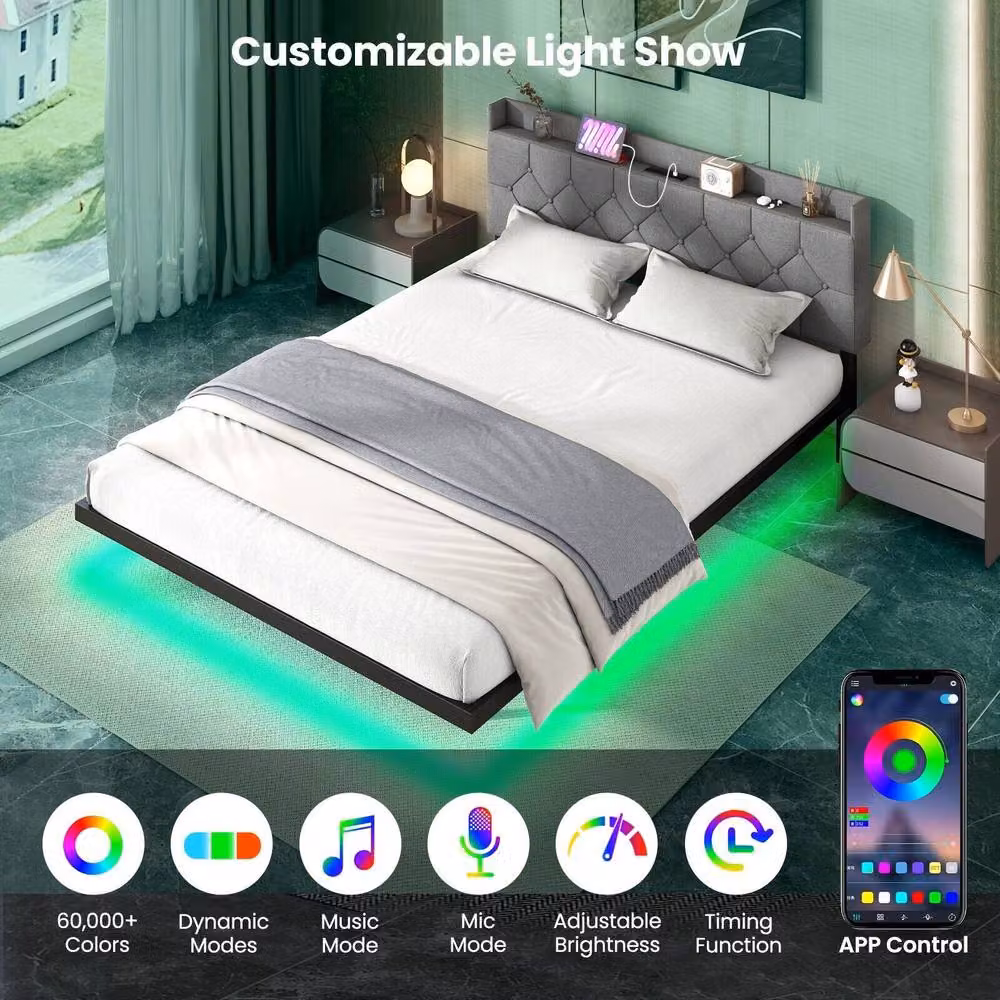 Costway King Size Modern Upholstered Floating Platform Bed Frame in Grey with Under-Bed Lighting and USB Charging Ports, W/D/H: 180 x 200 cm – 3