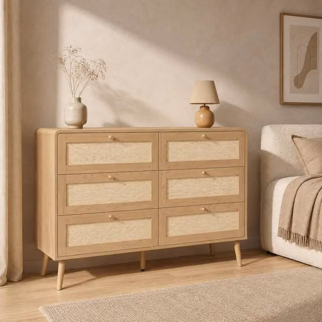 STILVORA 6 Drawer Chest of Drawers with Rattan-Effect Fronts in Oak and Beige